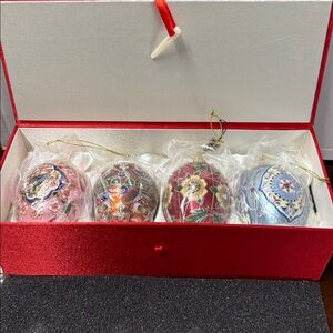 JOAN Rivers Set of 4 Handcrafted Jeweled Glass Egg  Ornaments in Box 2014